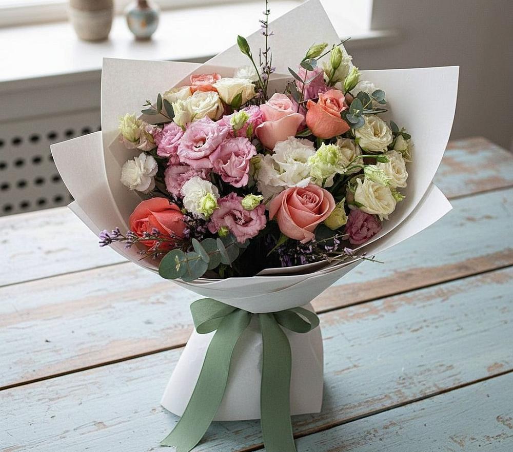 Букет цветов из: Розы, Лизиантусы и Гвоздики в Усинске