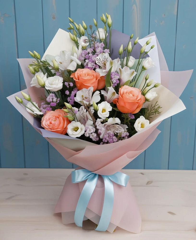 Букет цветов из: Лизиантусы, Розы, Альстромерии и Гипсофила в Усинске